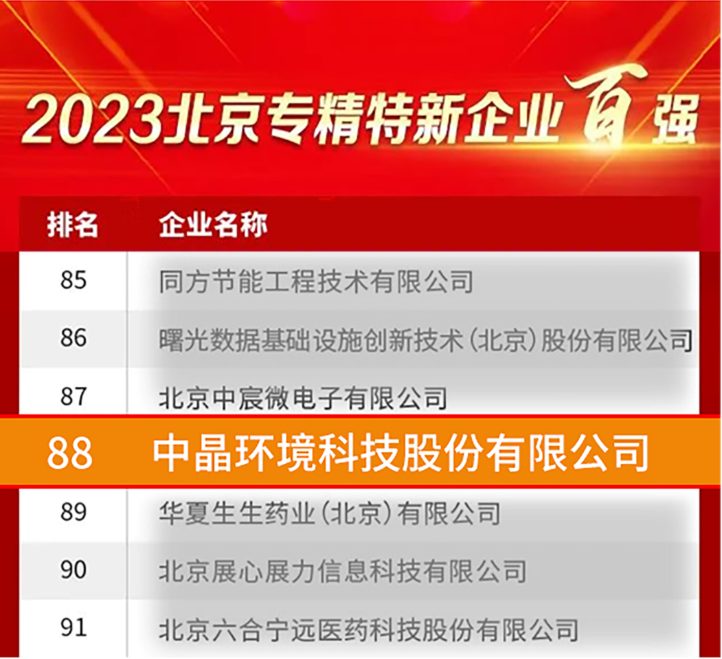 中晶环境入选2023北京专精特新企业百强名单